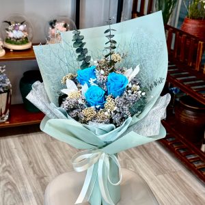 Azure Dream (PBQ3-W5) 3 Blue Preserved Roses Bouquet - FREE Delivery