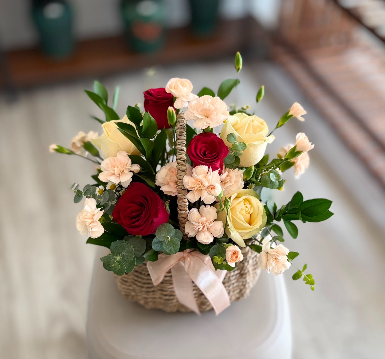 Basket of Love (HWB-W5) Fresh Rose & Carnation Basket Arrangement - FREE Delivery