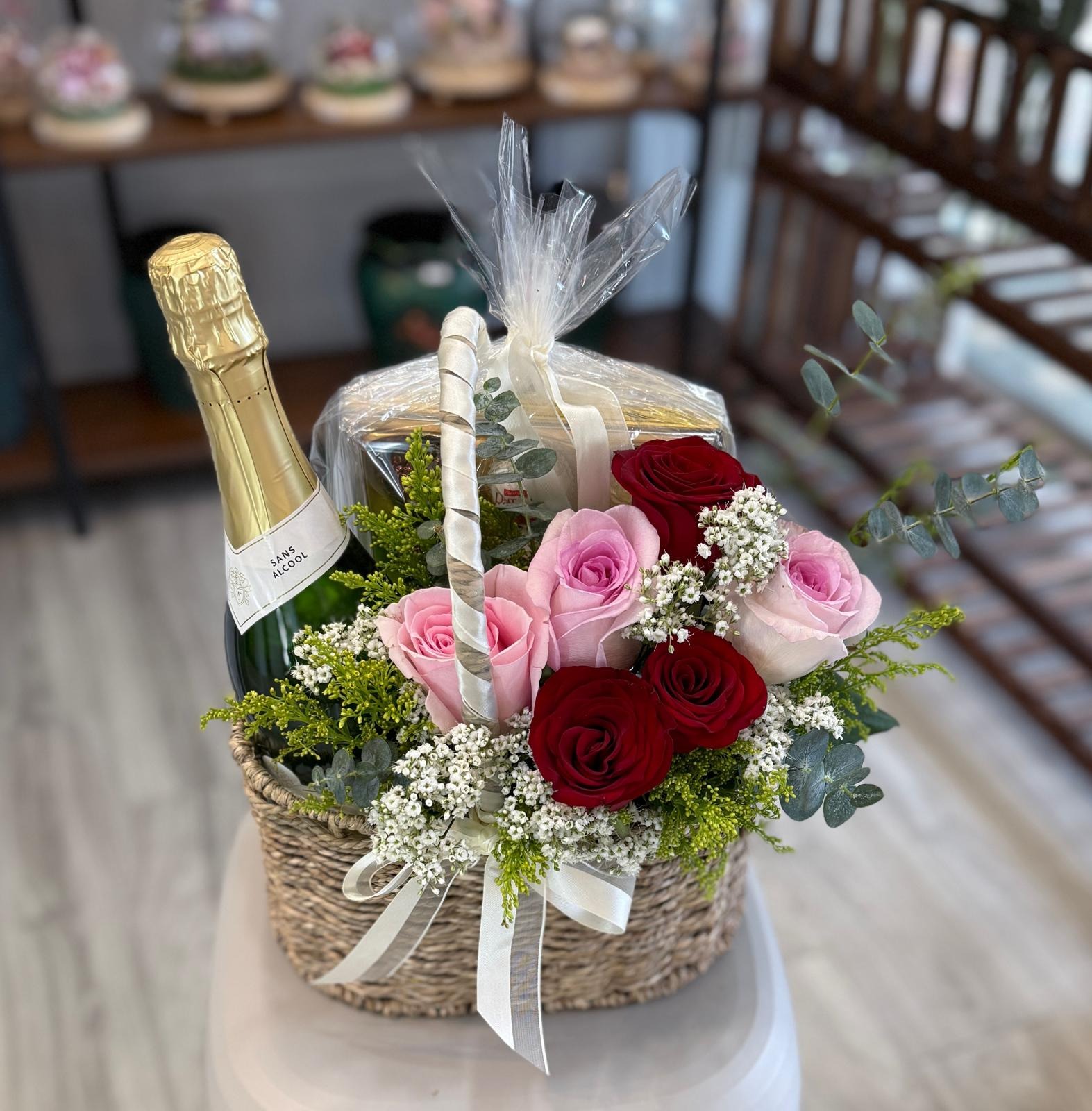 Blush & Rouge Celebration Basket (HWB-W3) Sparkling Moscato & Ferrero Rocher - FREE Delivery