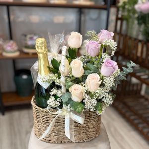 Purple & Cream Champagne Basket (HWB-W1) Sparkling Moscato & Ferrero Rocher- FREE Delivery