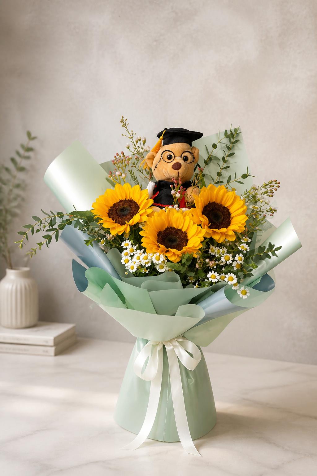 Sunflower Bouquet - 3 Stalks with Bear (SFGB-W2)
