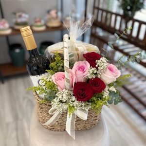 Rosy Celebration Basket (HWB-W2) with Non Alcoholic Wine & Ferrero Rocher - FREE Delivery