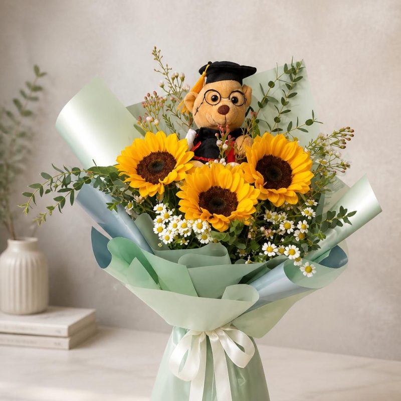 Sunflower Bouquet_3 Stalks with Bear
